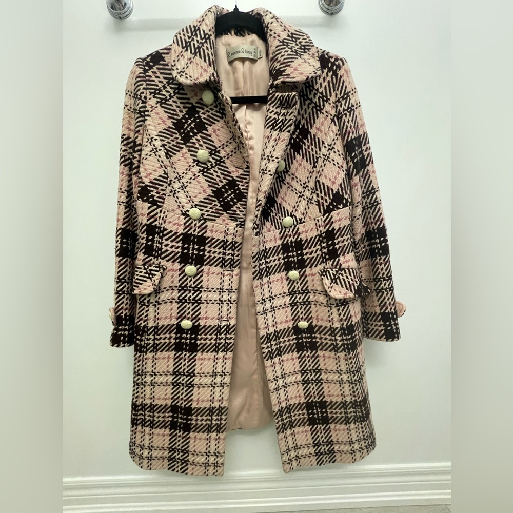 Vintage Wool Pink Plaid Double-Breasted Women's Coat